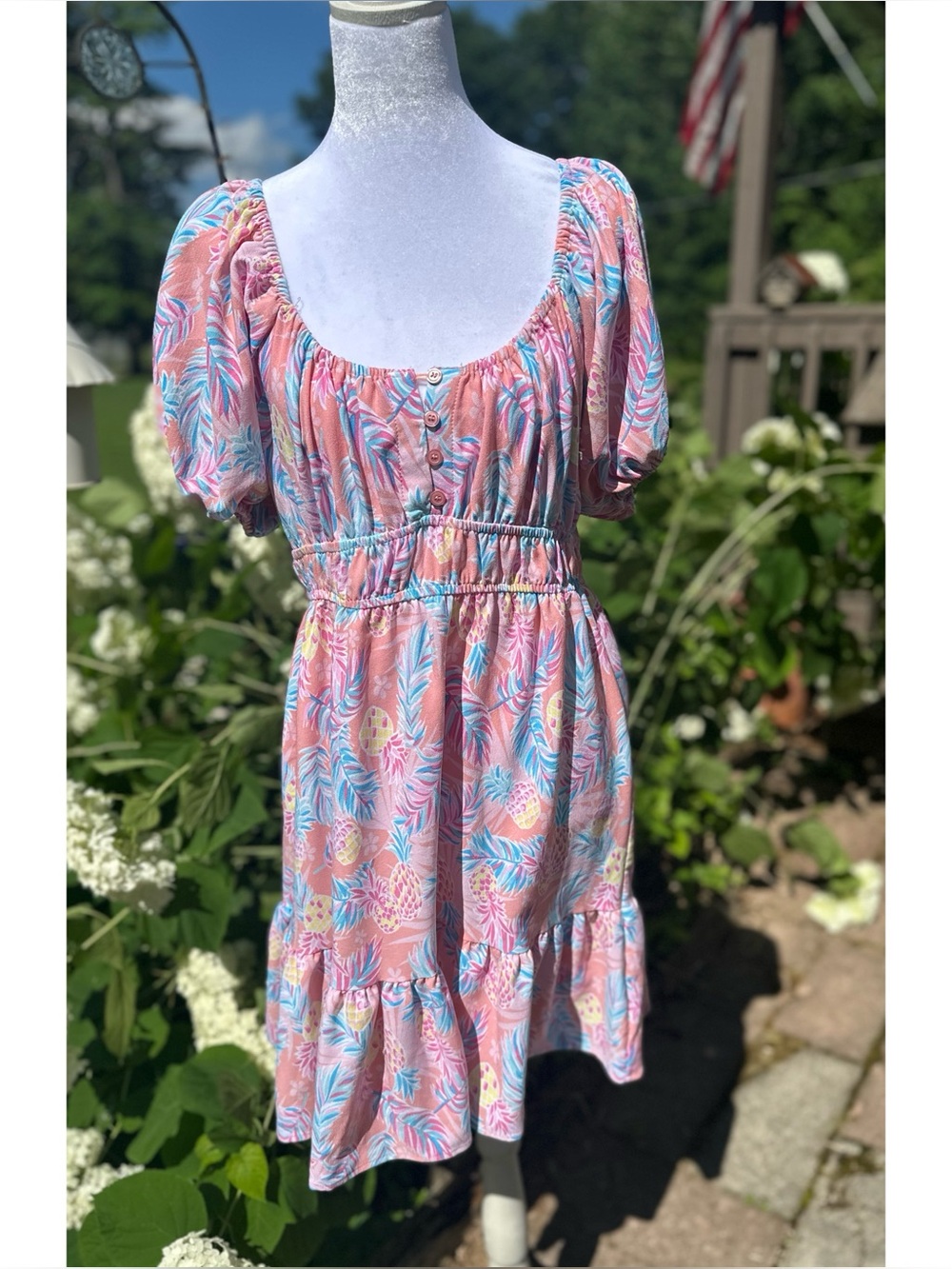 Simply Southern Women’s Pink Pineapple-Print Puff Sleeve Summer Dress